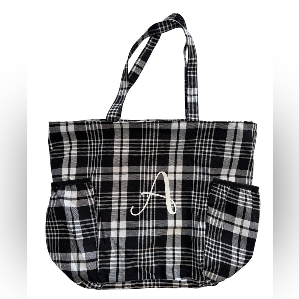 Black & White Plaid Monogrammed A Zipper Shoulder Bag Purse Tote